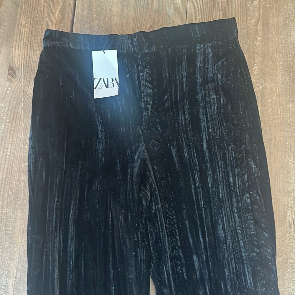 Zara Gorgeous Black Crushed Velvet Straight Leg Pants XL Brand New With Tags